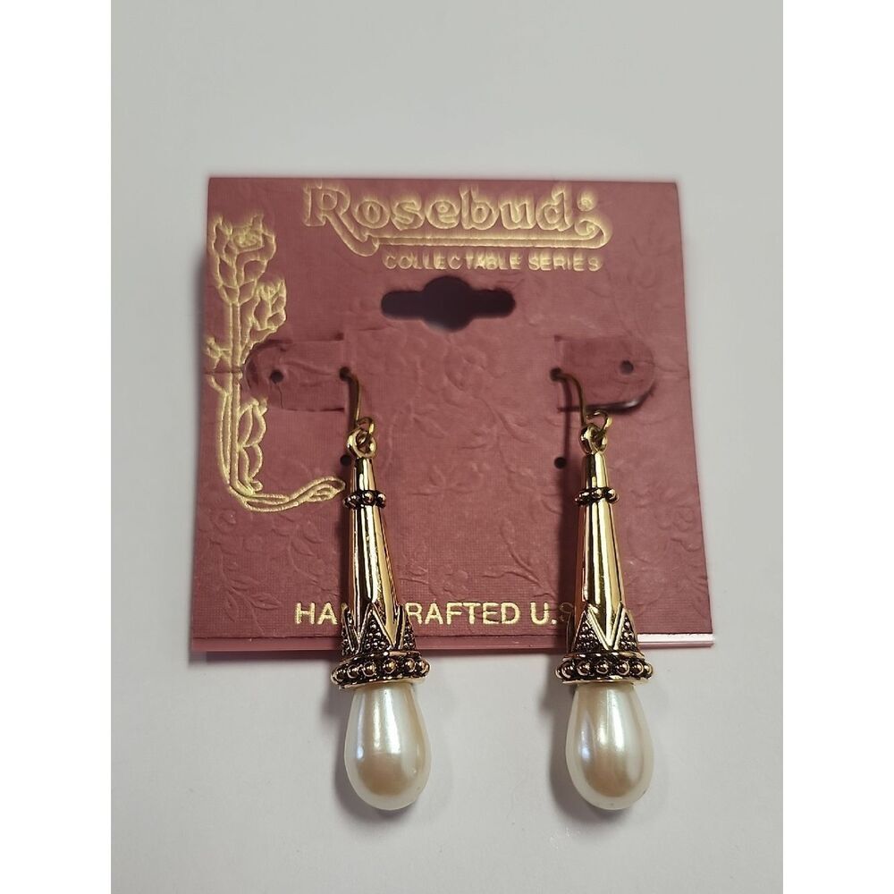 Rosebud Gold Drop Earrings with Pearlescent Teardrops